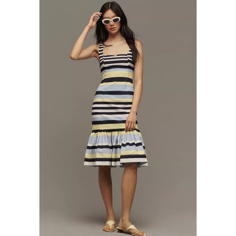 NWT Anthropologie Sleeveless Square-Neck Flutter-Hem Midi Dress S Striped Blue